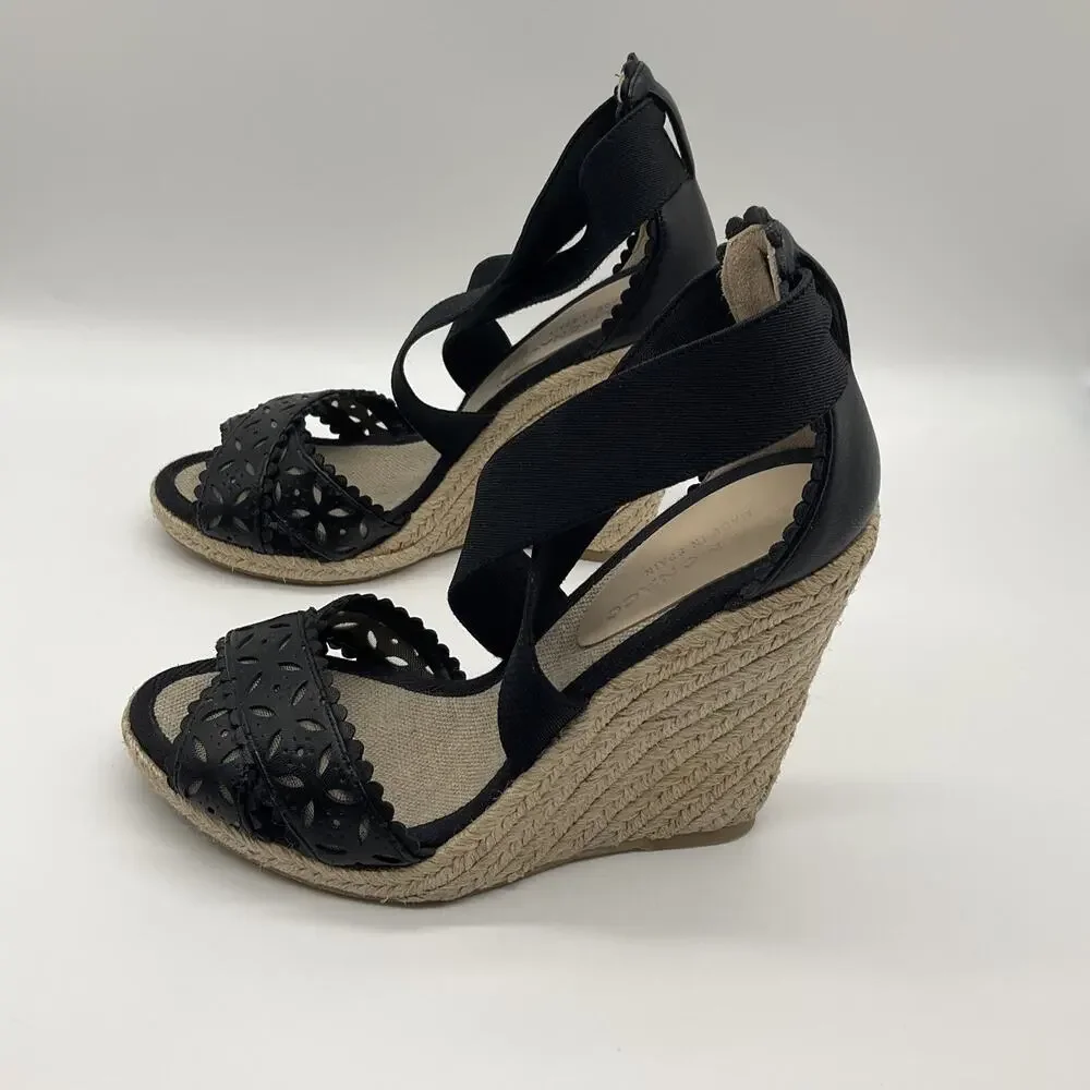 Black Wedge Espadrille Sandals Laser‑Cut Faux Leather Club Monaco Size 7.5‎ US